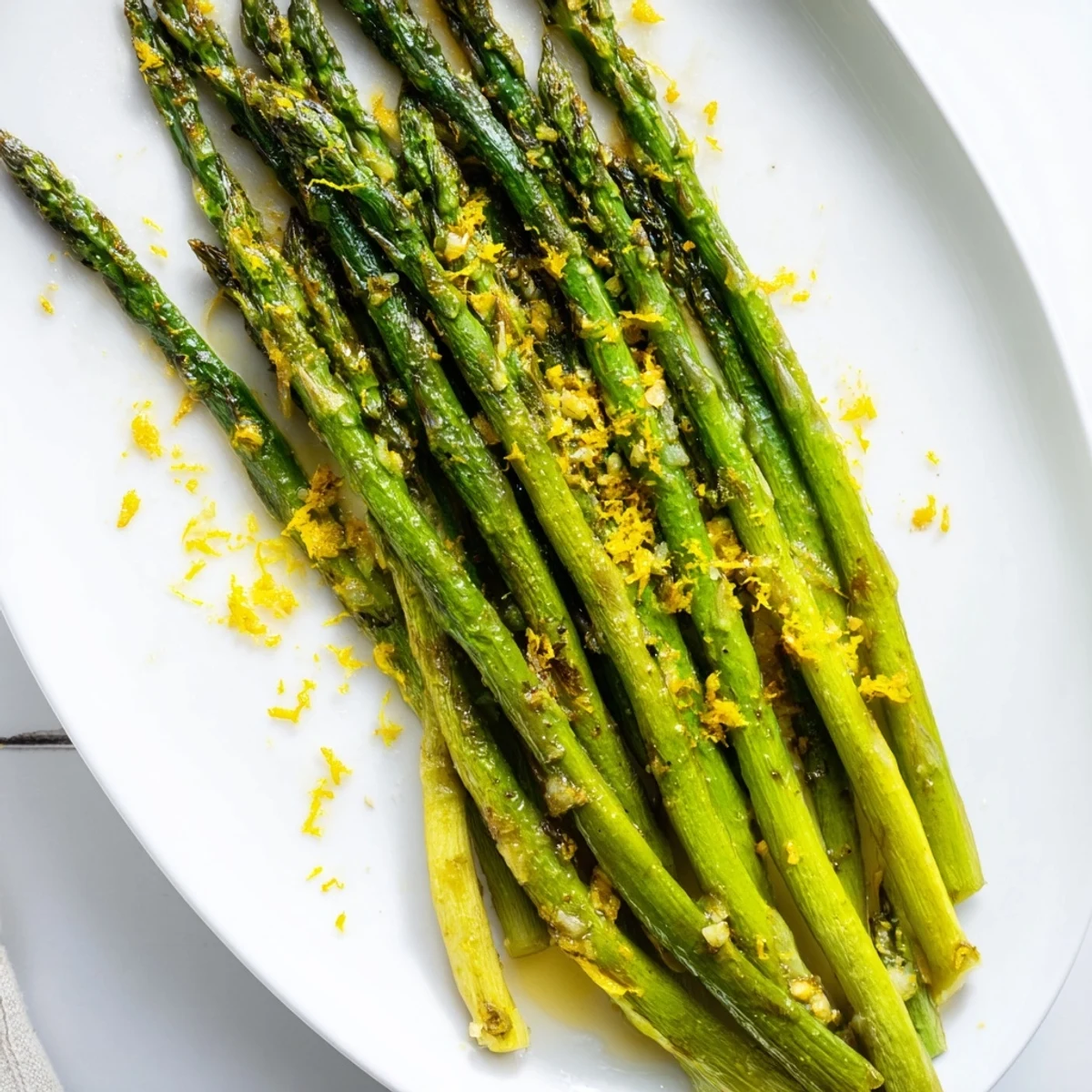 Tender roasted asparagus with caramelized edges garnished with fresh lemon zest on a rustic wooden board