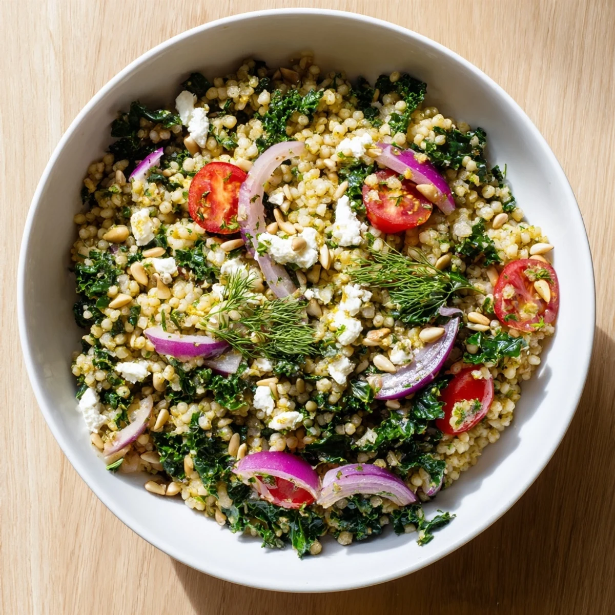 Colorful citrus herb millet and kale bowl topped with sunflower seeds and fresh herbs