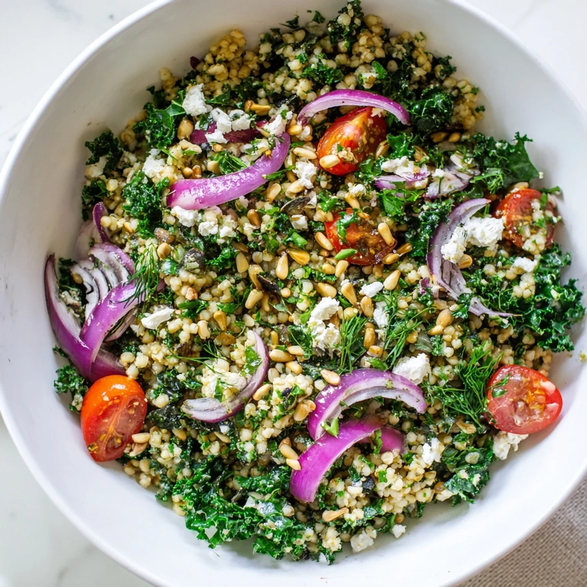 Fluffy millet grain bowl with sautéed kale, bright citrus flavors, and crunchy sunflower seed toppings