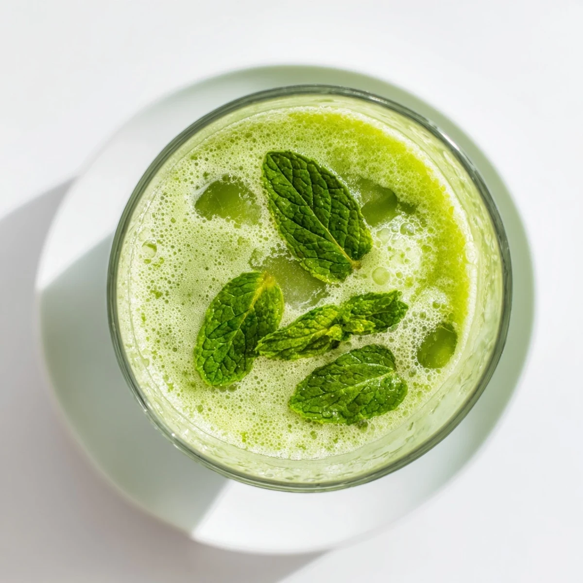 Garnished glass of vibrant green pineapple cucumber mint smoothie topped with fresh mint leaves