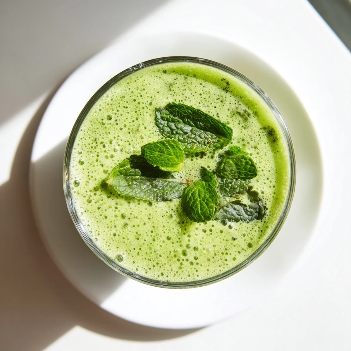 Thick tropical smoothie blended with pineapple chunks cucumber and cooling mint on white background