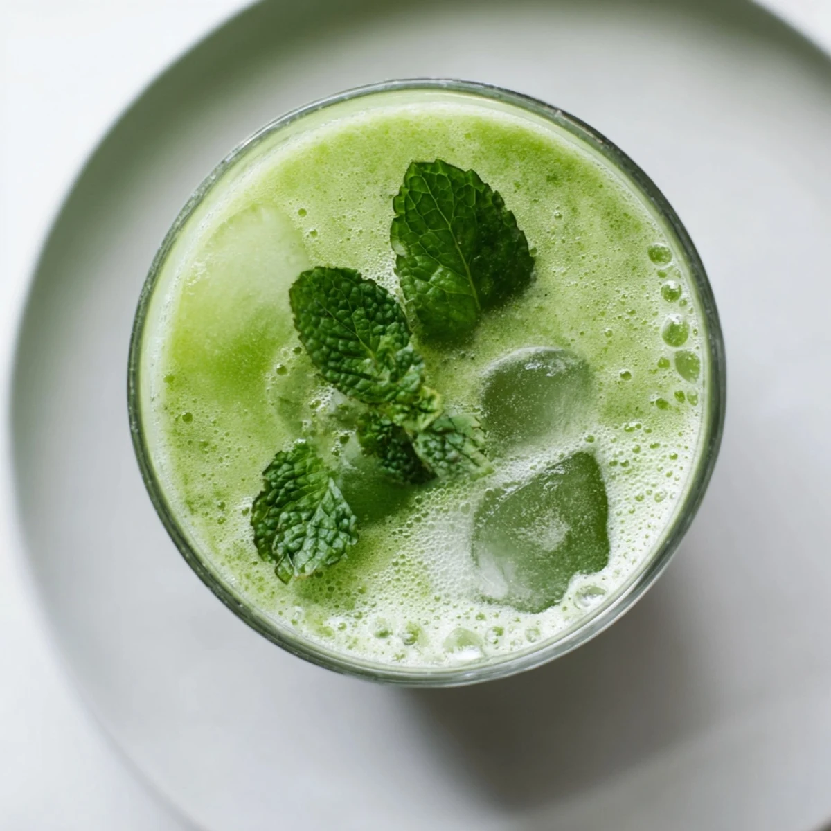 Refreshing pineapple cucumber mint smoothie in clear glass showing bright green frothy texture