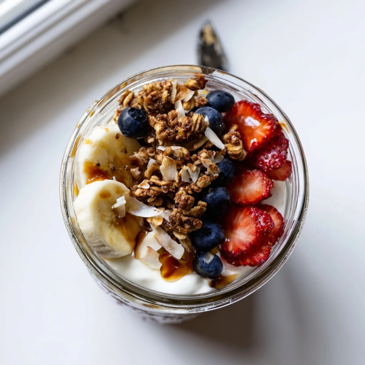 Glass jar layered with vanilla maple coconut yogurt parfait, fresh berries, granola, and shredded coconut garnish