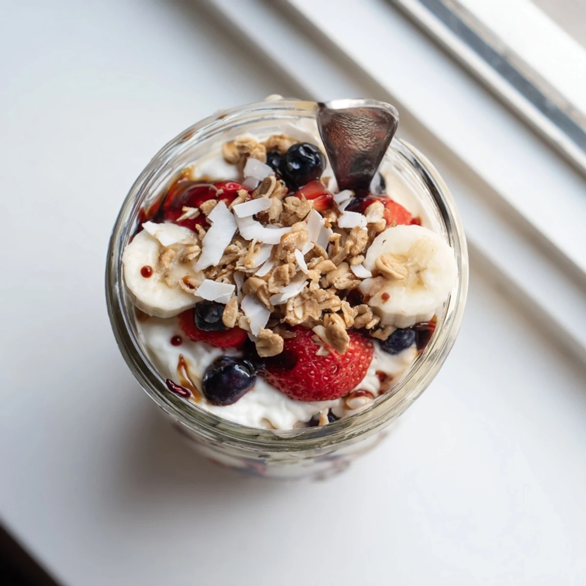 Breakfast parfait featuring sweetened coconut yogurt, mixed berry layers, and maple-drizzled granola topping