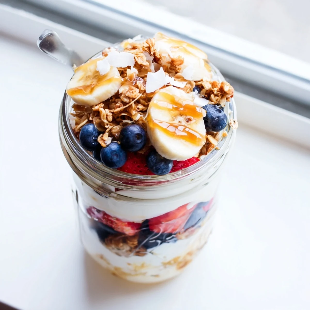 Creamy vanilla maple coconut yogurt parfait stacked with banana slices, raspberries, and crunchy granola in clear glass