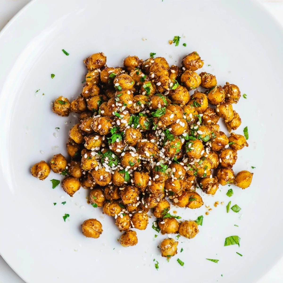 Golden brown crispy garlic sesame chickpeas sprinkled with white sesame seeds and fresh parsley on a white baking sheet
