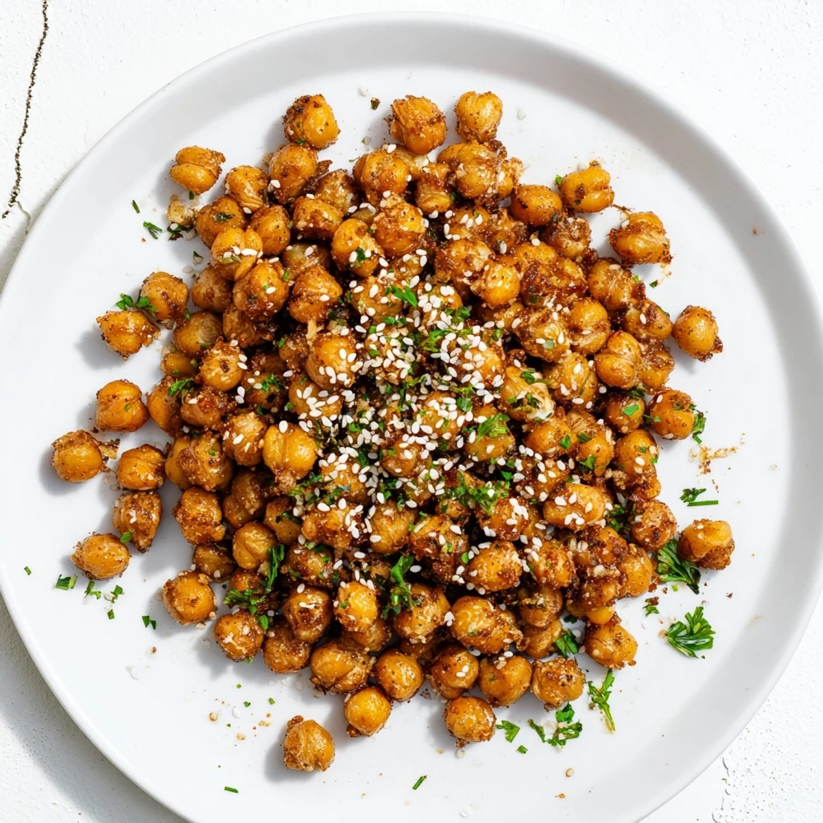 Close up of oven roasted garlic sesame chickpeas garnished with green herbs and toasted sesame seeds for a crunchy vegan snack