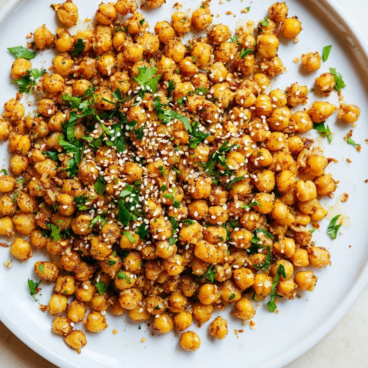 Baked chickpeas tossed in garlic and sesame oil close up on parchment paper ready for salad topping or snacking