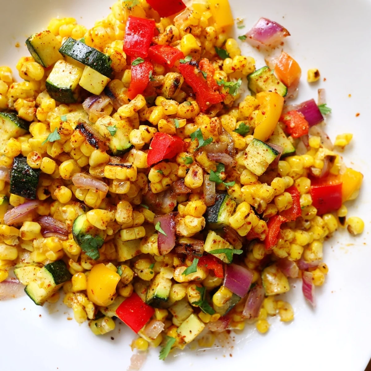Golden bowl of smoky roasted sweet corn medley with colorful peppers and onions