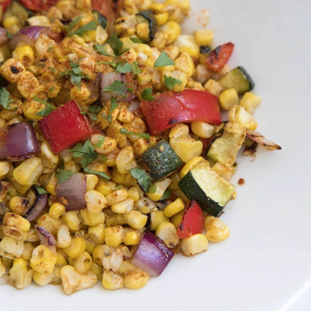 Fresh lime and cilantro garnish this smoky roasted sweet corn medley in a white serving dish