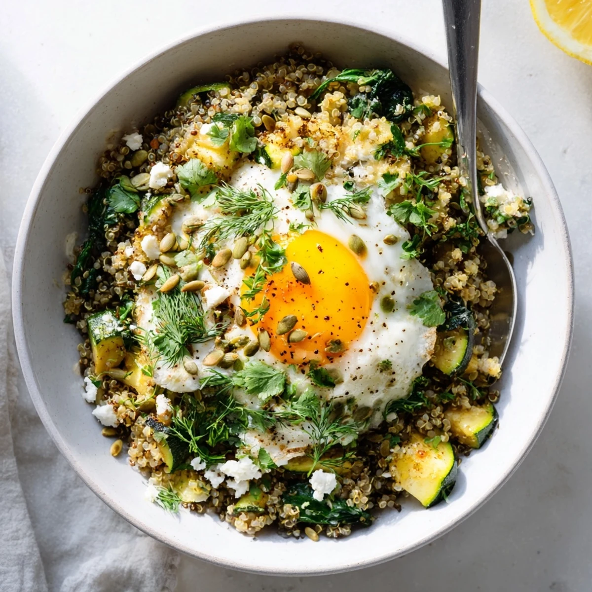 Rustic zucchini and herb quinoa breakfast bowl topped with runny egg, crumbled feta, and toasted pumpkin seeds