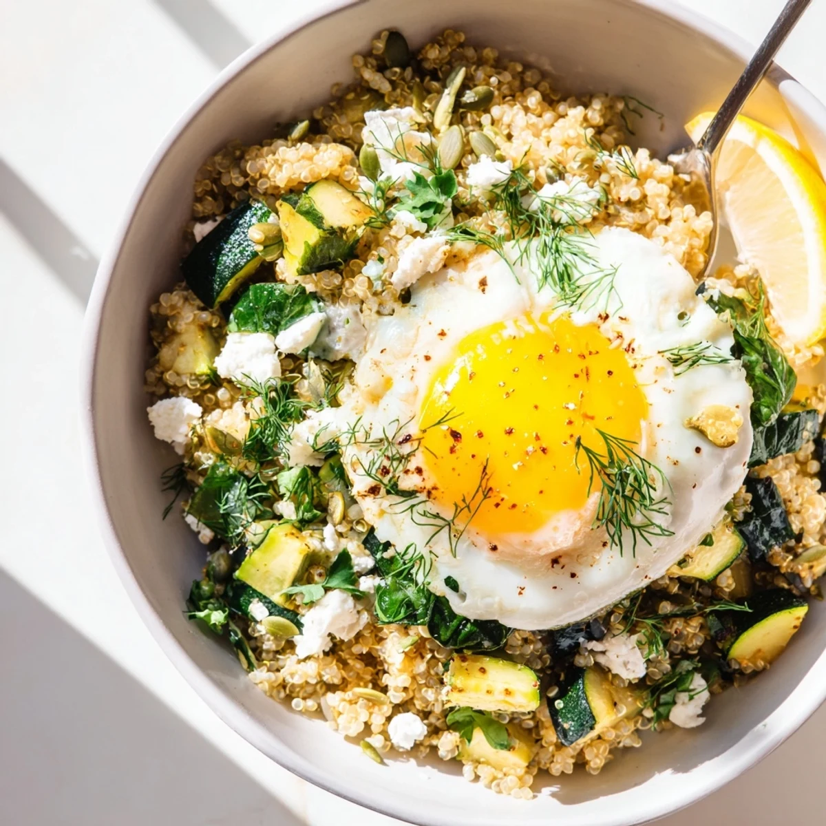 Golden sunny side up egg resting on fluffy quinoa with sautéed zucchini and fresh herbs in a breakfast bowl