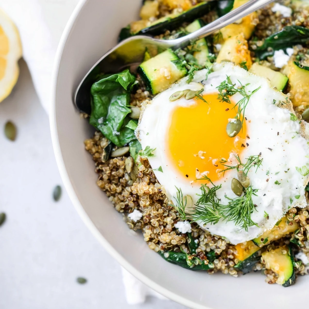 Wholesome morning bowl featuring tender zucchini, fragrant parsley and dill, quinoa base, and perfectly cooked egg