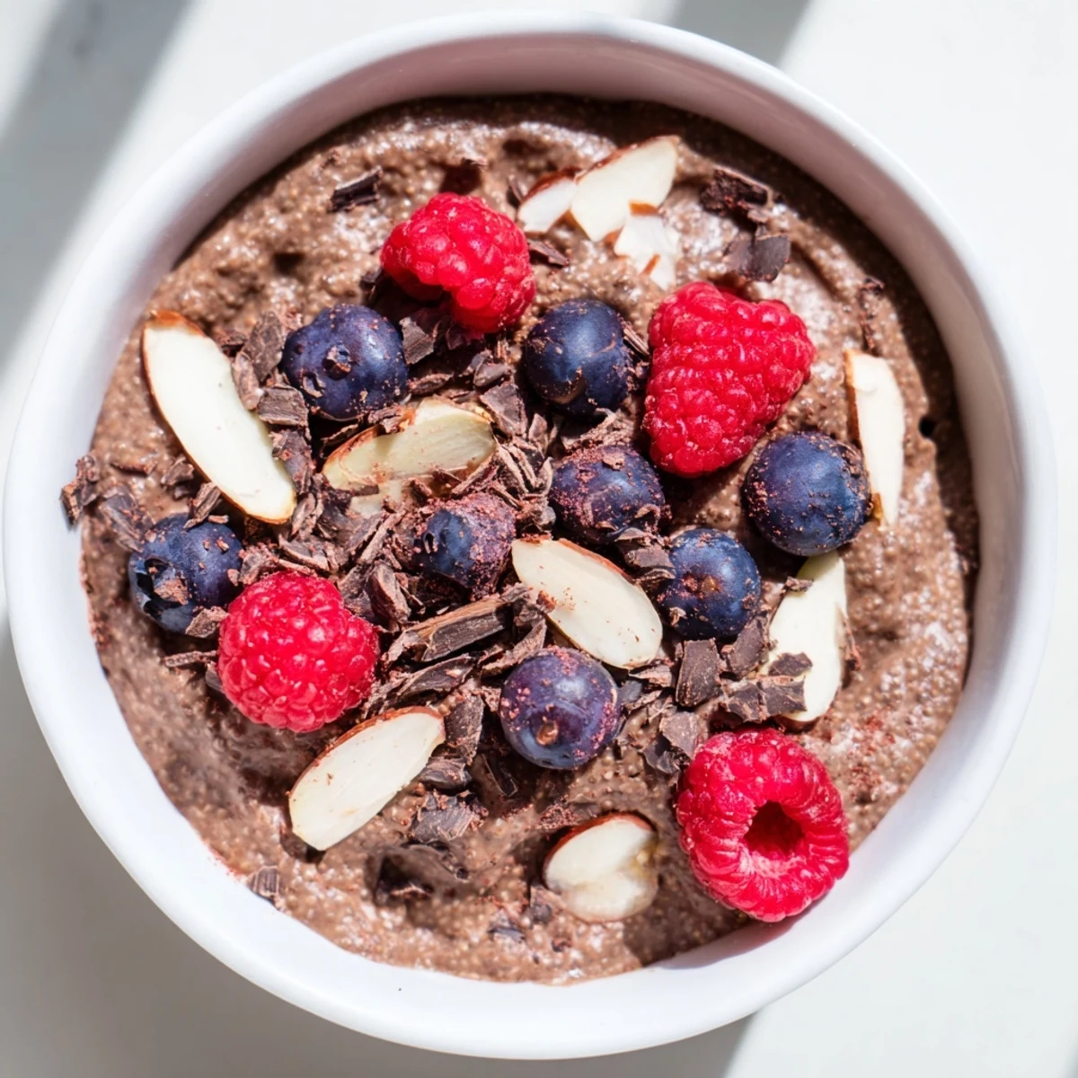 Creamy chocolate chia pudding swirled with almond butter and dark chocolate shavings in a glass