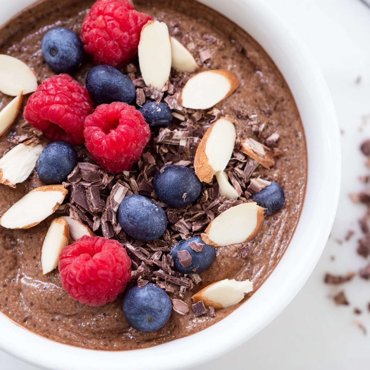 Rich cocoa almond butter chia pudding topped with fresh berries and crunchy sliced almonds