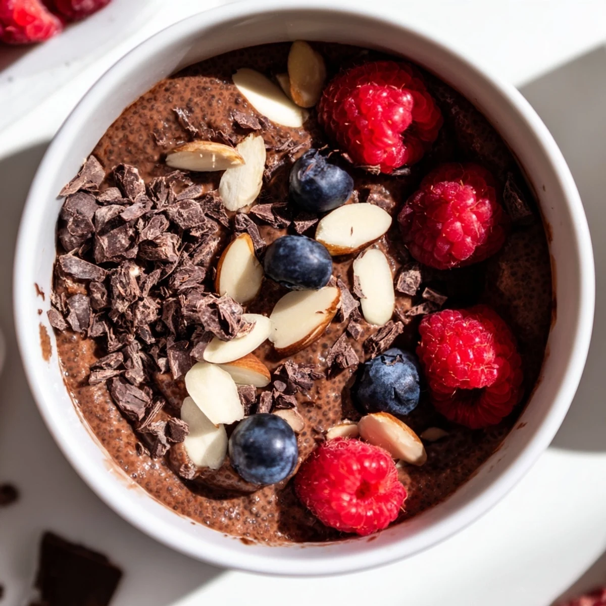 Vegan cocoa chia breakfast bowl with nutty almond butter and vibrant raspberry toppings