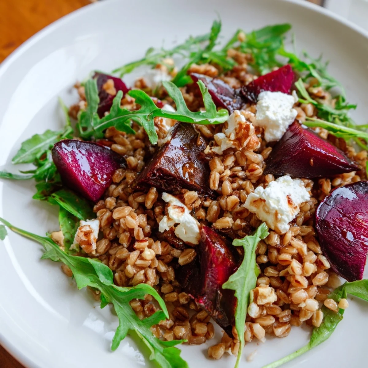 Golden farro bowl with ruby roasted beetroot, creamy goat cheese, toasted walnuts, and fresh peppery arugula