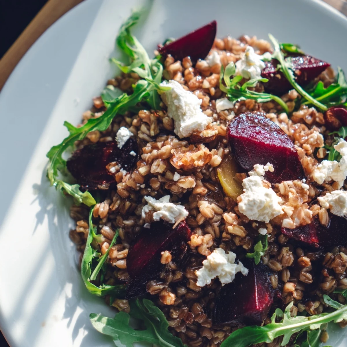 Colorful Mediterranean grain salad featuring sweet roasted beets, nutty farro, tangy goat cheese crumbles, and crisp vegetables