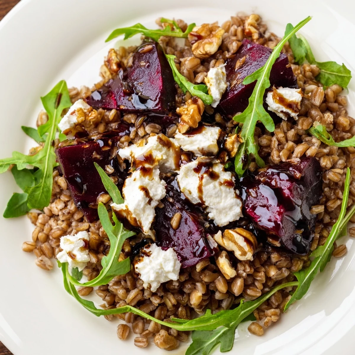 Hearty warm farro and beetroot salad topped with tangy goat cheese, crunchy walnuts, and balsamic dressing