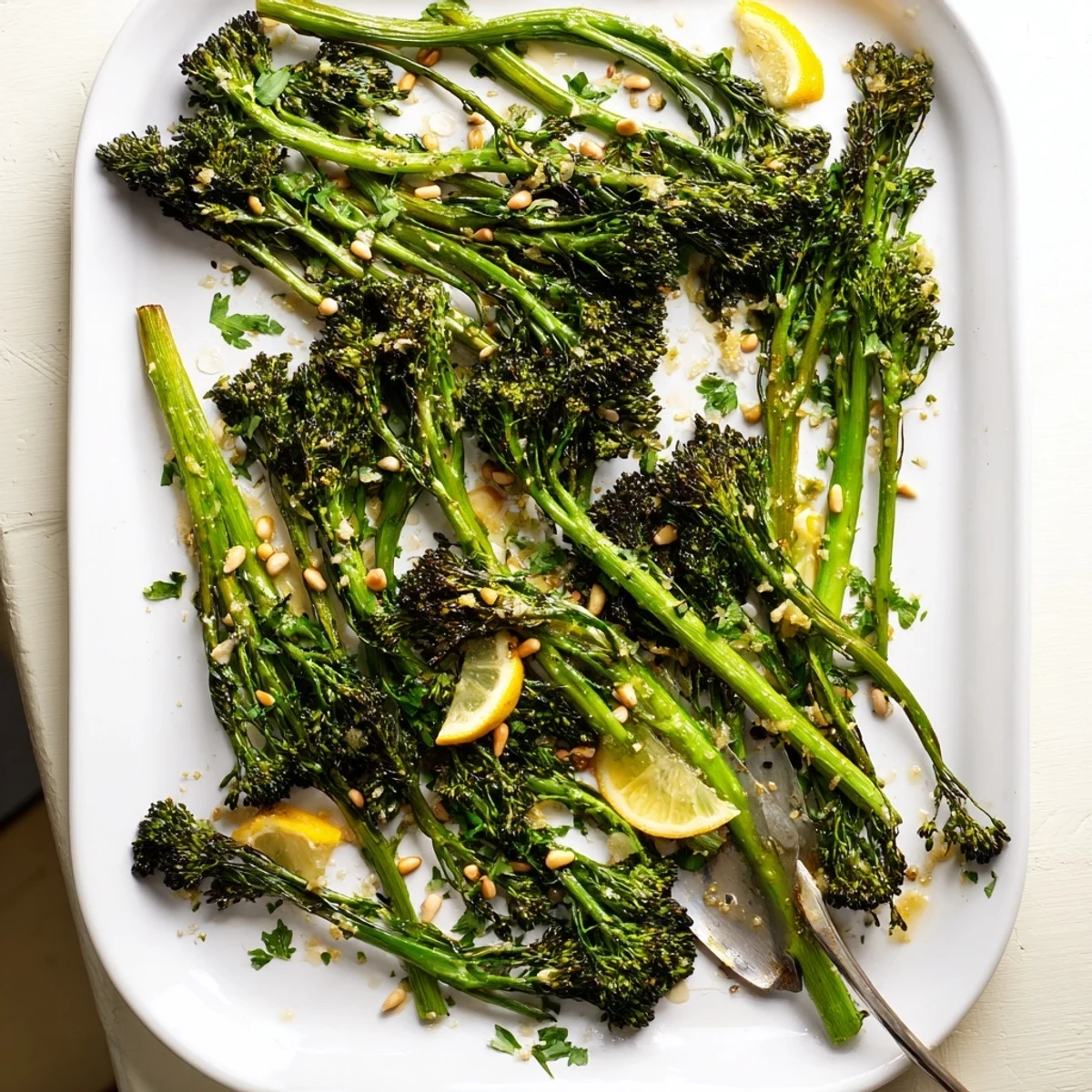 Golden roasted broccolini with caramelized edges drizzled with fresh lemon garlic sauce