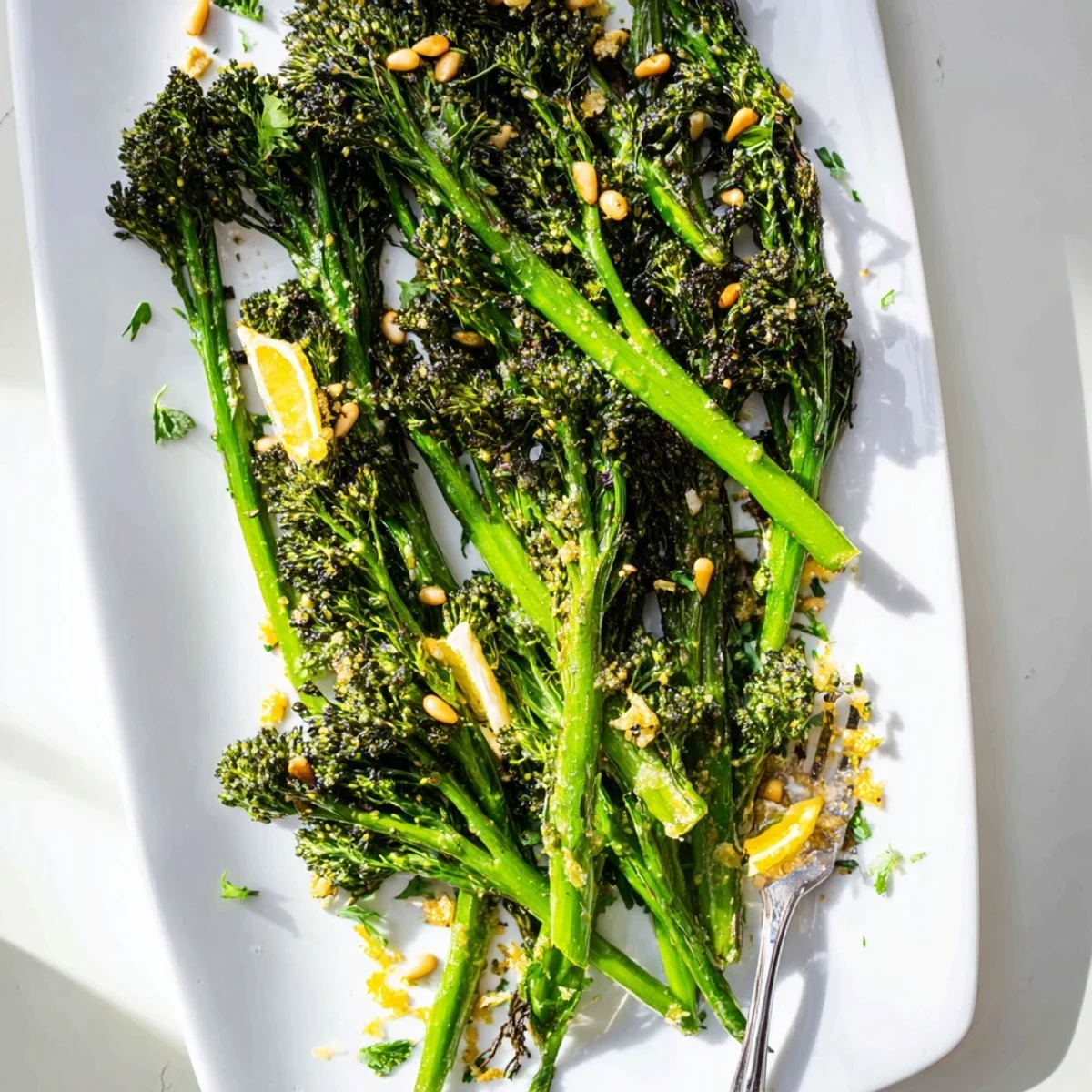 Tender broccolini side dish featuring crispy garlic florets and bright citrus zest garnish