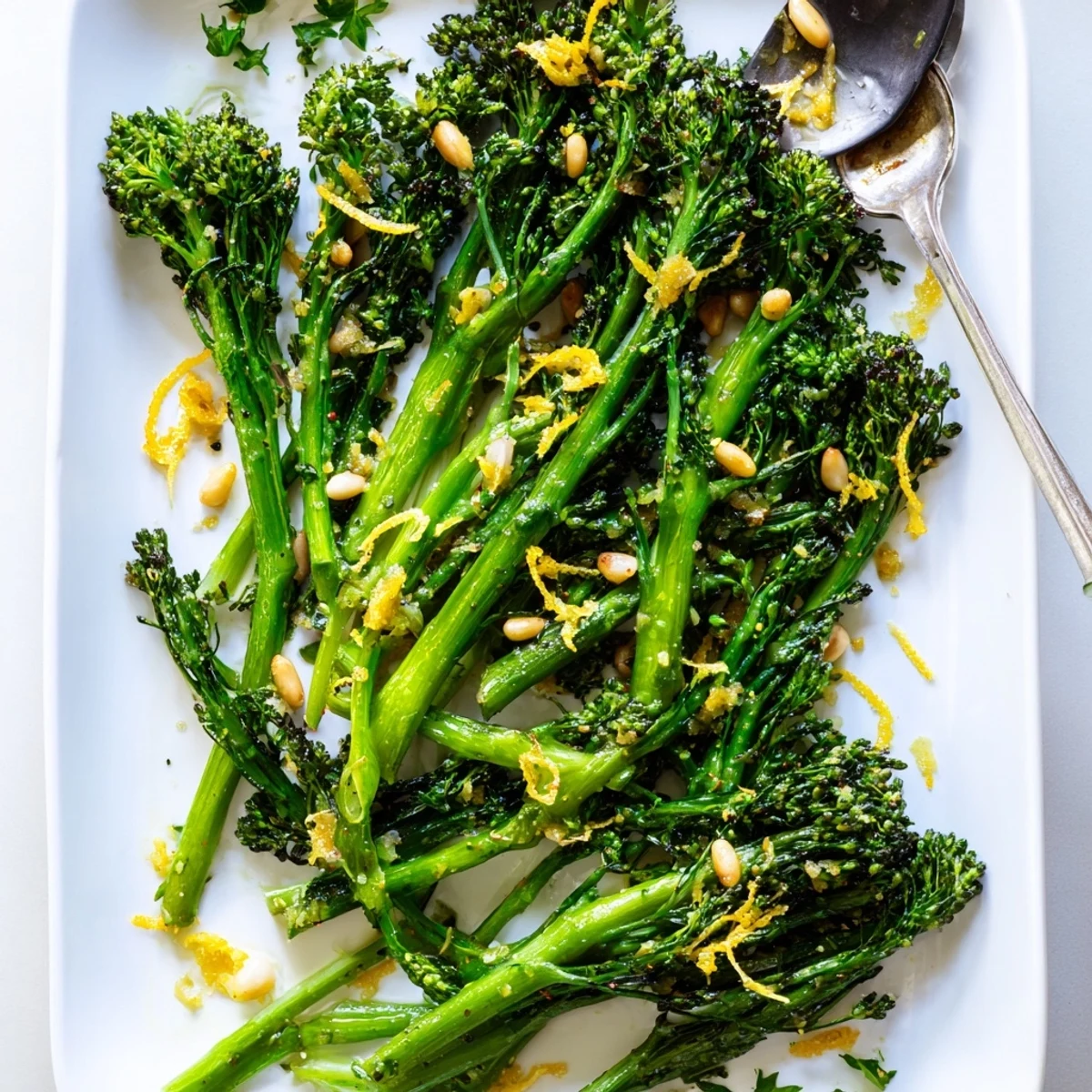 Oven-roasted broccolini spears seasoned with olive oil and finished with zesty lemon juice