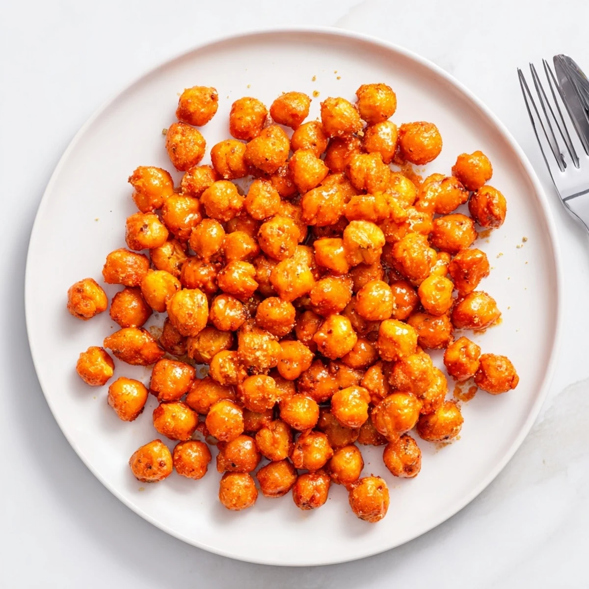 Golden brown crispy buffalo style chickpeas arranged on a white plate with red sauce coating