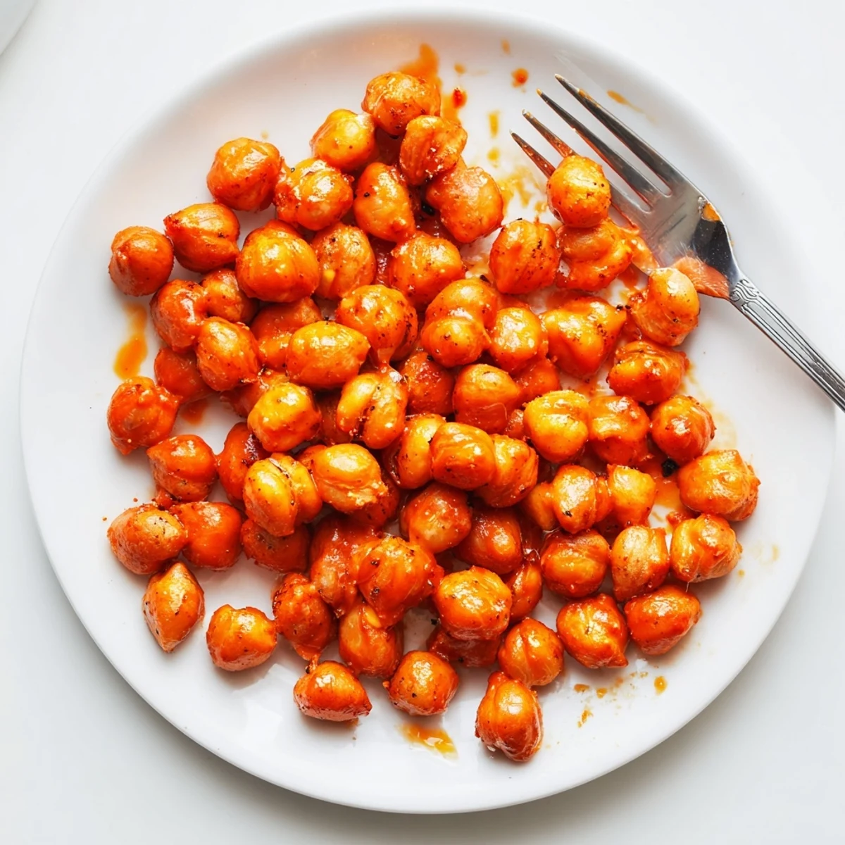 Bowl of buffalo style chickpeas sprinkled with paprika and seasoning ready for snacking or salads