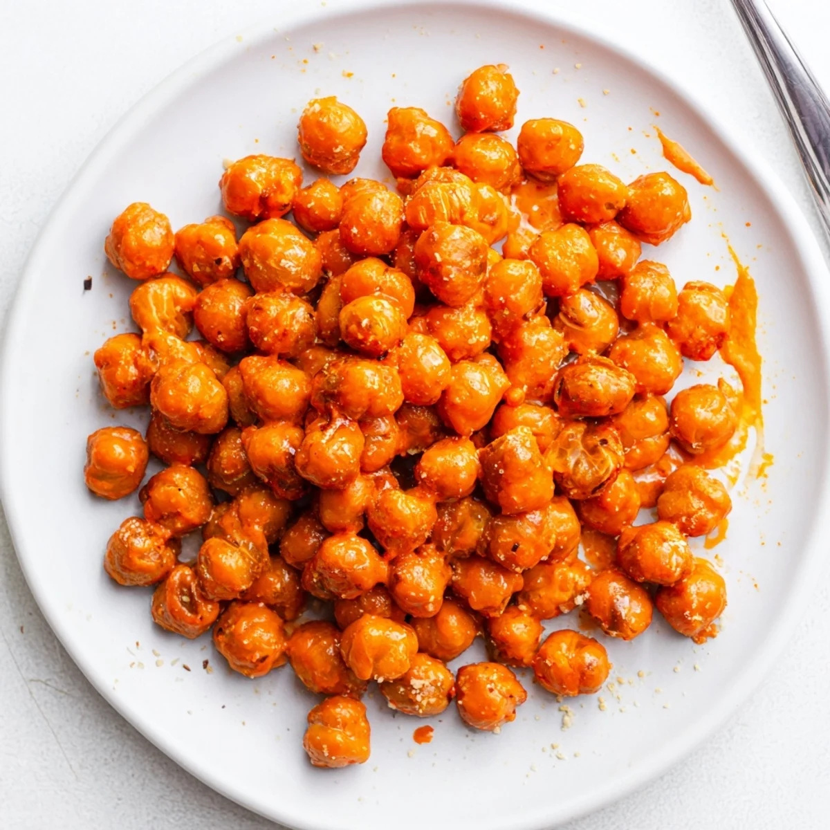 Spicy crunchy chickpeas tossed in tangy buffalo sauce and roasted until perfectly crispy and golden
