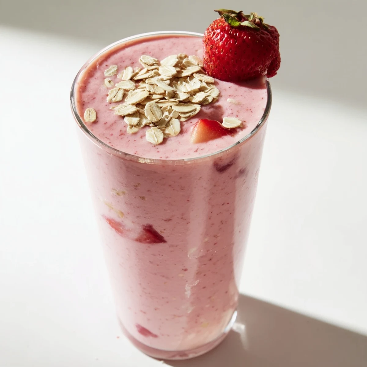 Thick strawberry banana oat smoothie poured into a glass topped with fresh fruit slices