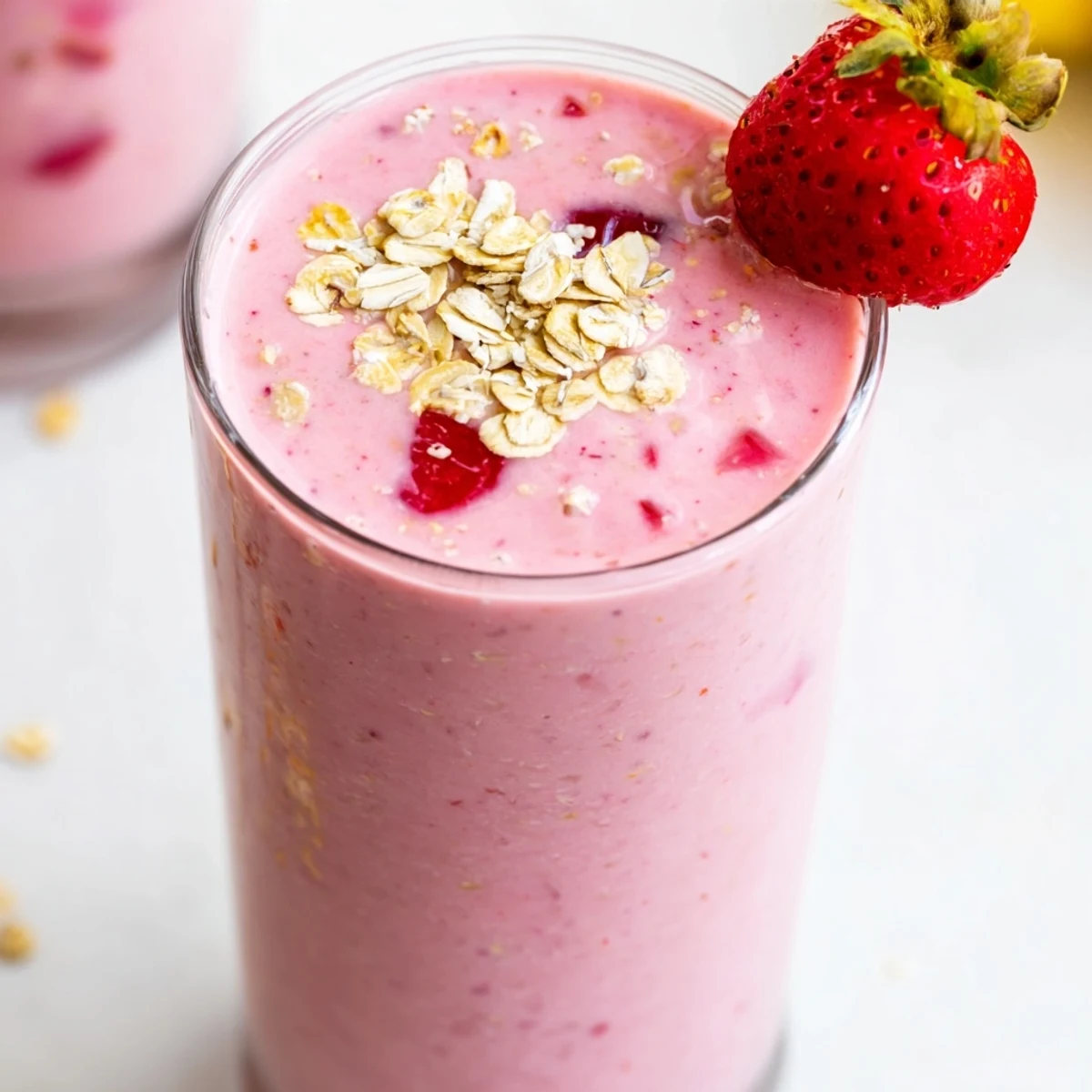 Creamy pink smoothie blended with wholesome oats and sweet berries ready for breakfast