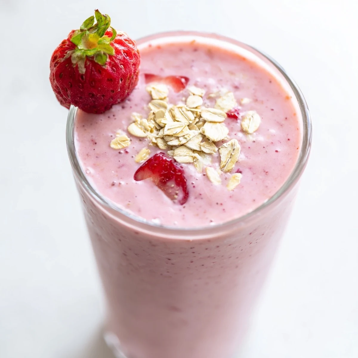 Vibrant strawberry banana oat smoothie in a tall glass with creamy textured layers