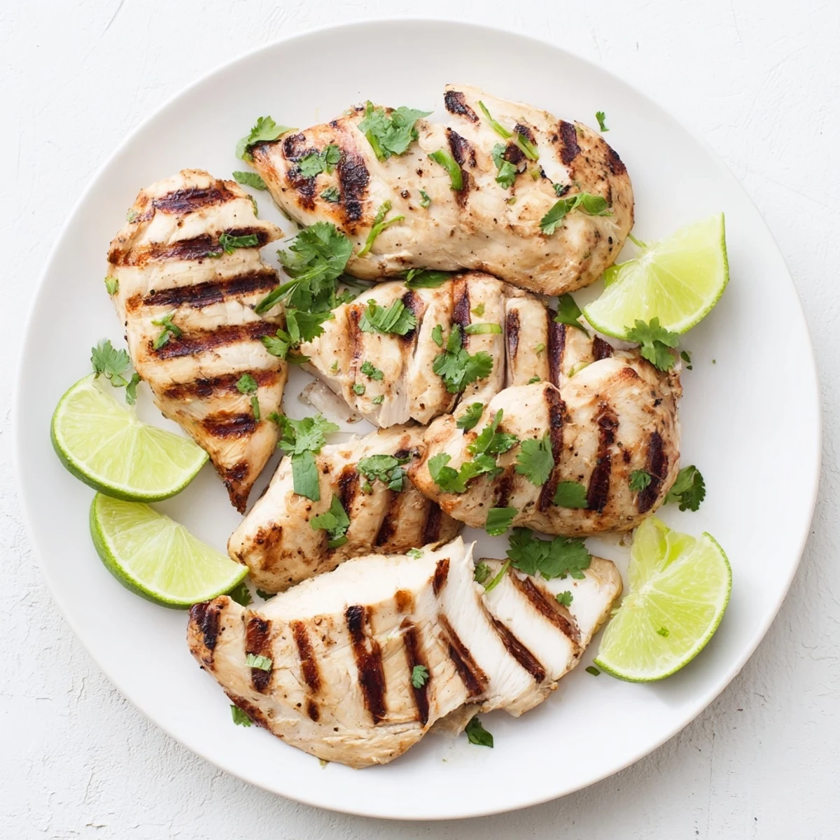 Juicy grilled chili lime chicken breast with charred grill marks and fresh cilantro garnish