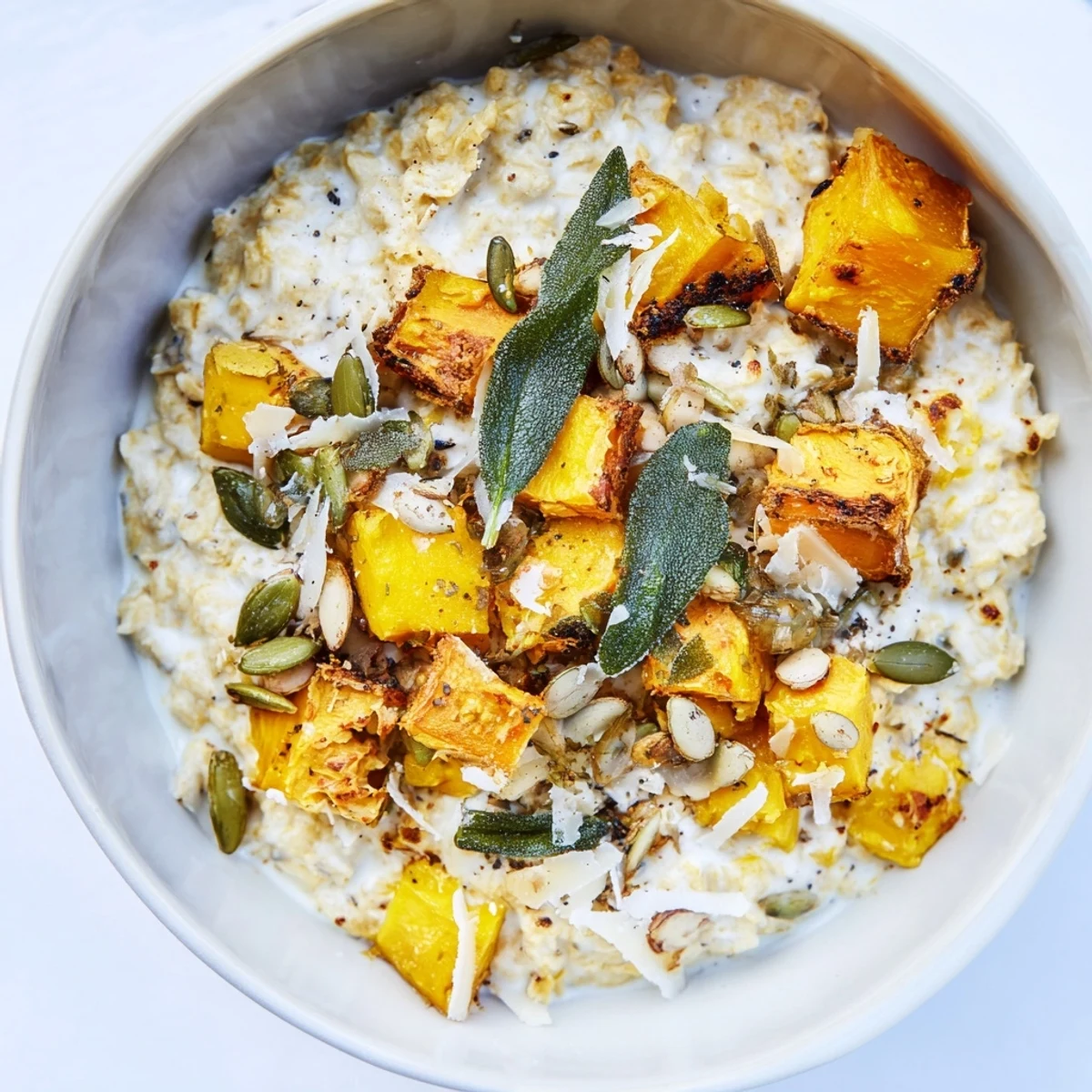 Creamy savory pumpkin and sage oat breakfast bowl topped with roasted pumpkin cubes and toasted seeds