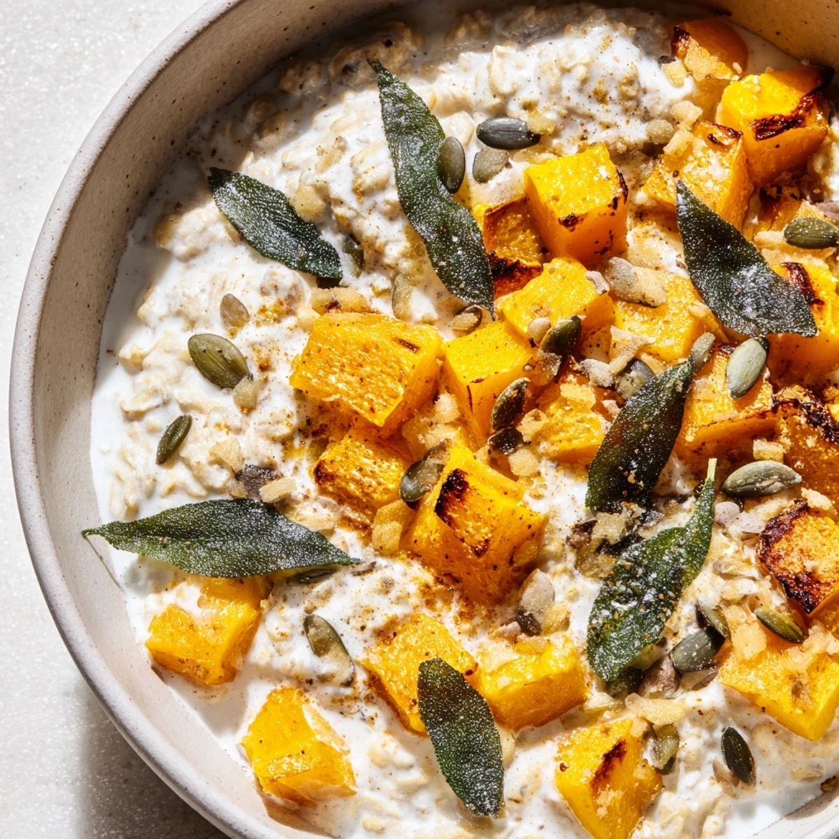 Golden roasted pumpkin pieces folded into fragrant sage oatmeal for a hearty autumn breakfast bowl