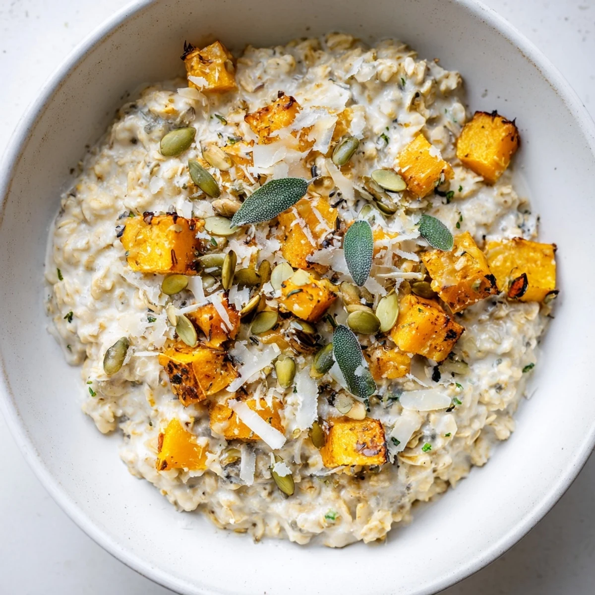 Savory breakfast bowl with creamy oats roasted pumpkin and fresh sage garnished with crispy sage leaves