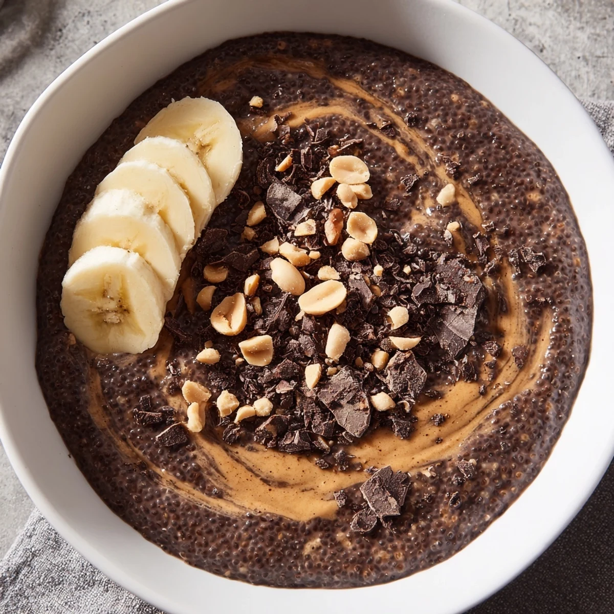 Creamy cocoa peanut butter chia pudding topped with chopped peanuts in a glass jar