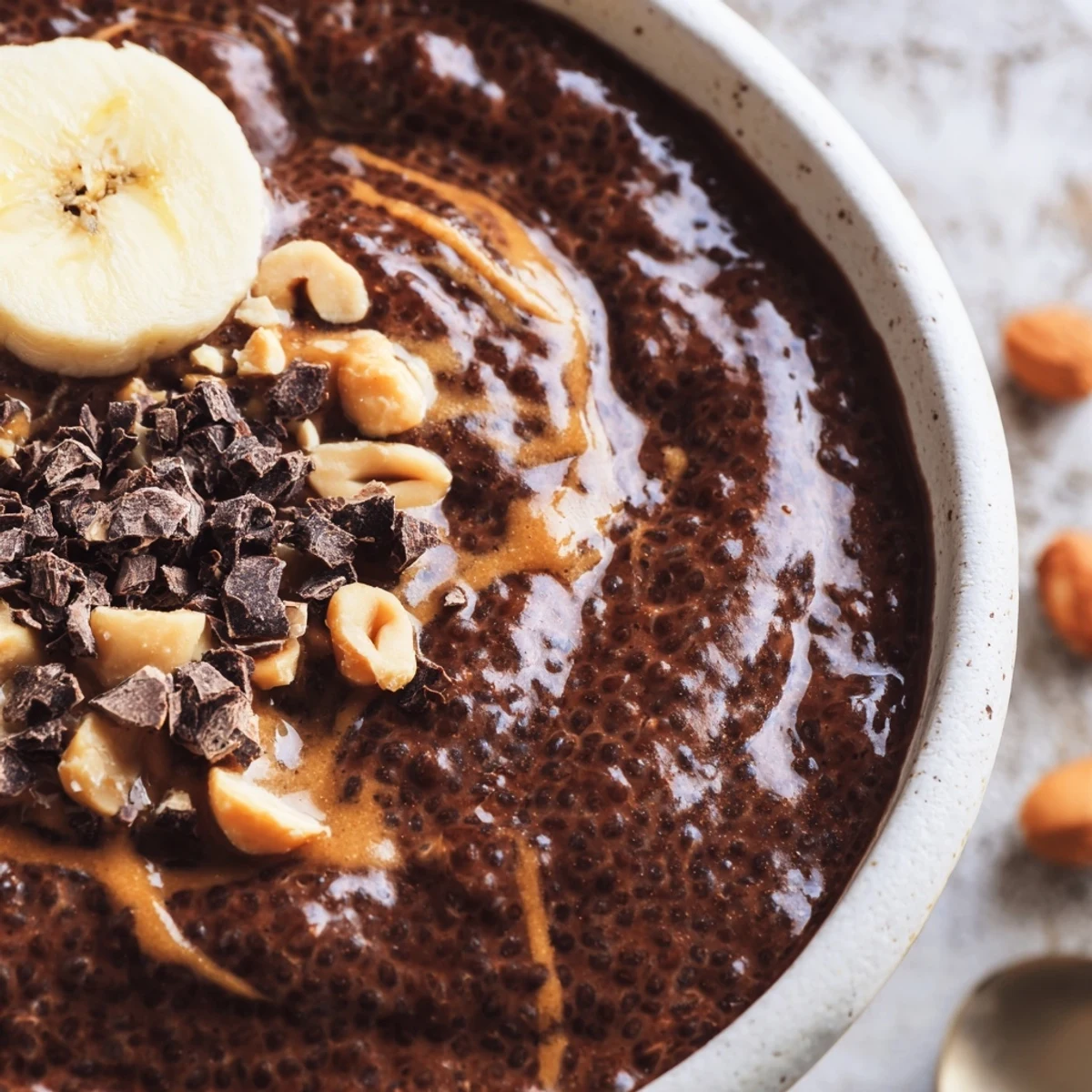 Rich chocolate peanut butter chia pudding served in rustic bowls with fresh berries