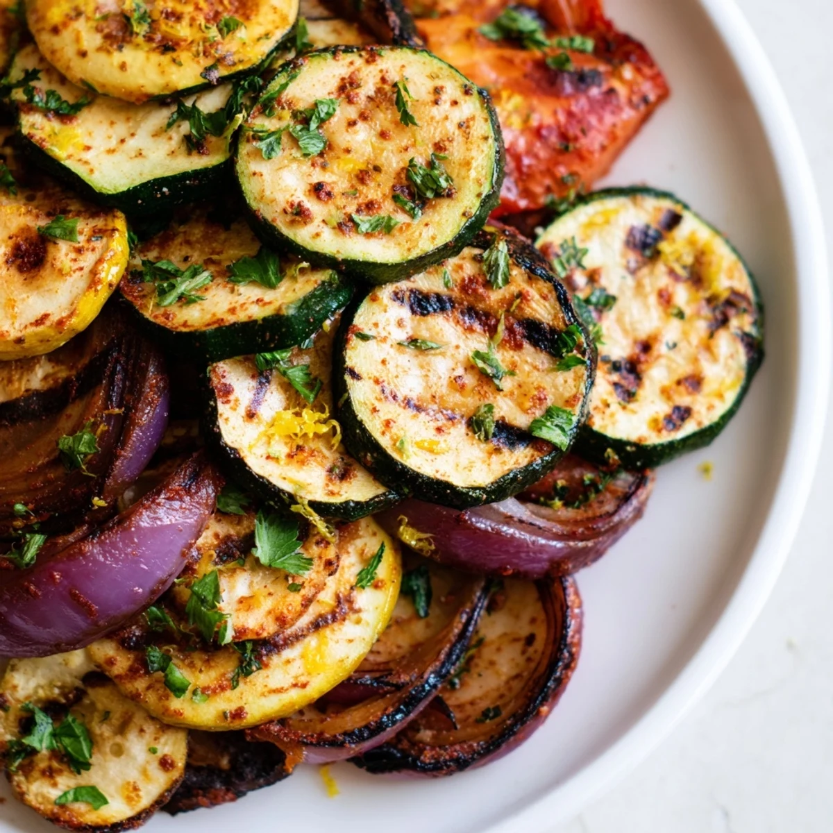 Golden roasted zucchini and peppers with charred edges on a rustic serving platter