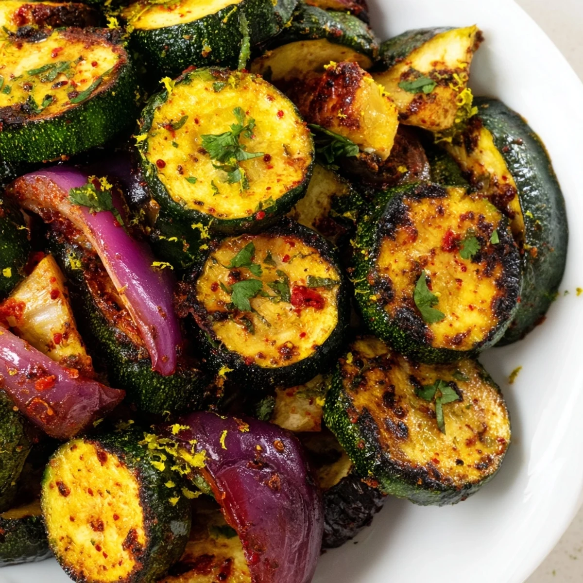 Smoky roasted zucchini and peppers glistening with olive oil and fresh parsley garnish