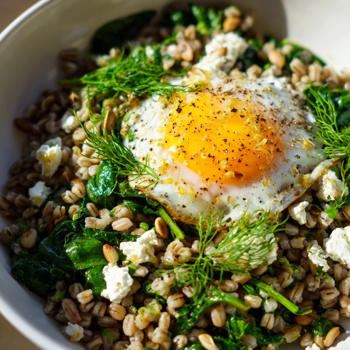Savory Spinach and Herb Barley Breakfast Bowl topped with a runny egg and crumbled feta cheese