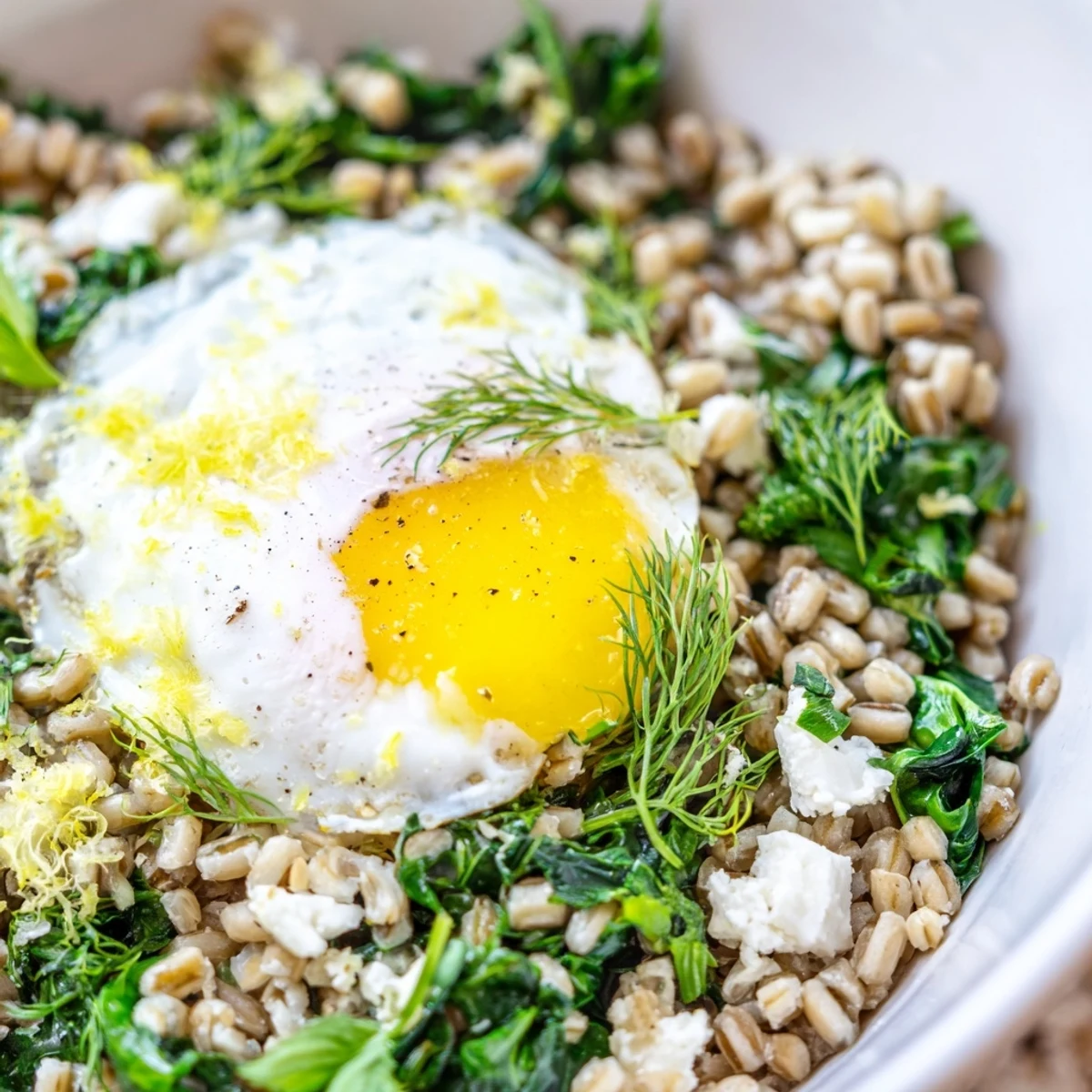 Warm Savory Spinach and Herb Barley Breakfast Bowl served with wilted greens and toasted sunflower seeds