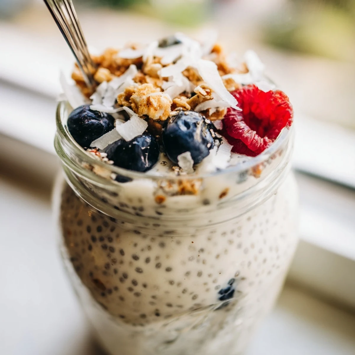 Creamy vanilla coconut chia parfait layered with fresh berries and crunchy granola in a glass jar