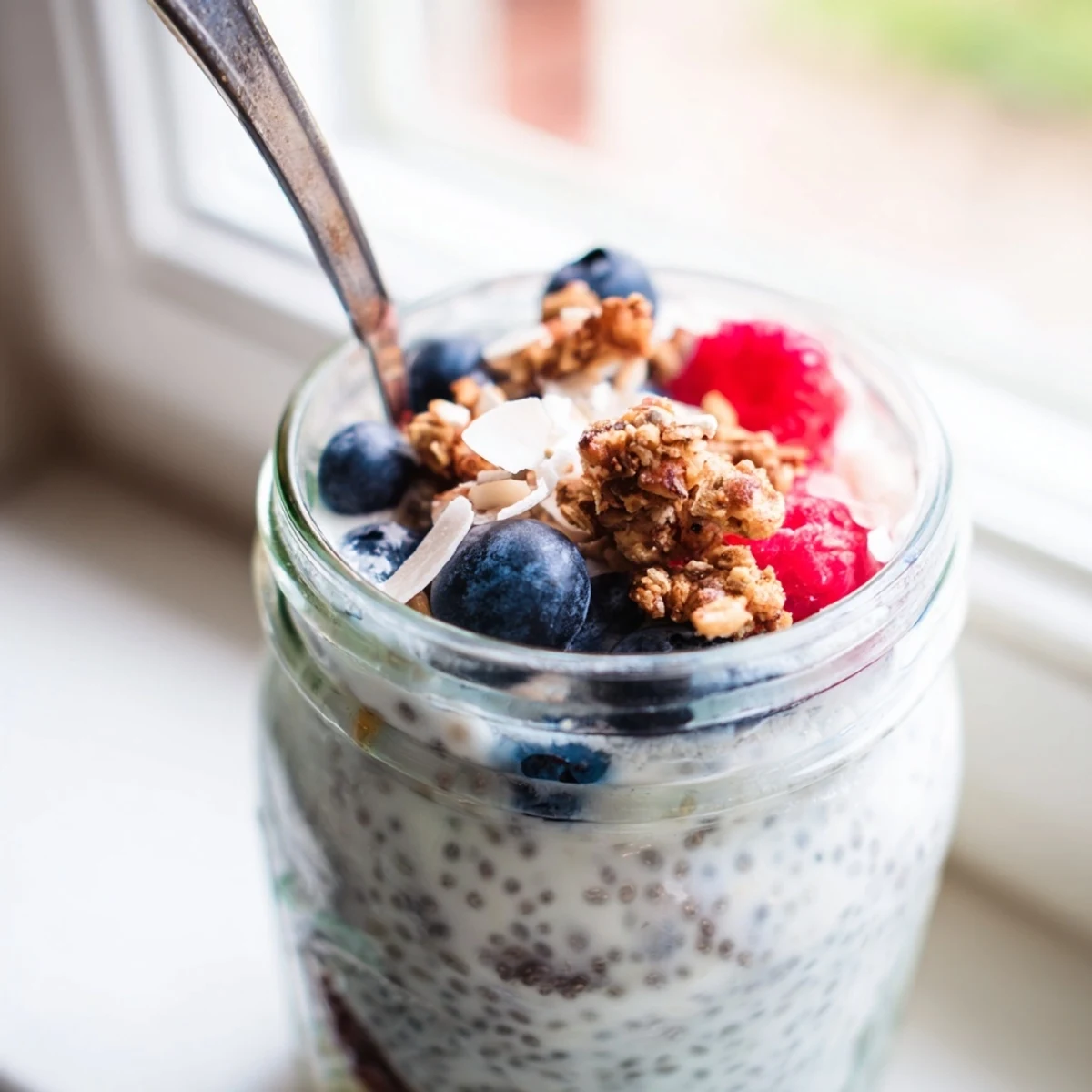 Vanilla coconut chia parfait topped with vibrant berries, shredded coconut, and a maple drizzle