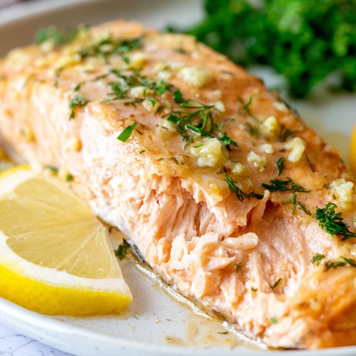Golden lemon garlic baked salmon fillet topped with fresh parsley and bright citrus slices