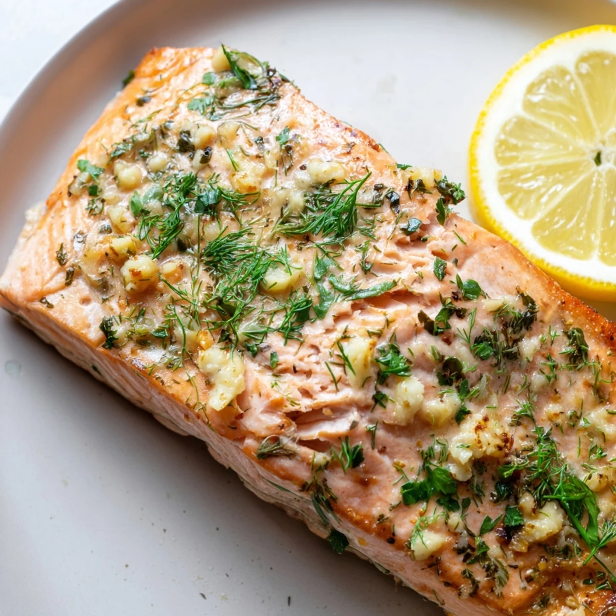 Tender baked salmon fillet glistening with zesty lemon garlic butter on a white plate