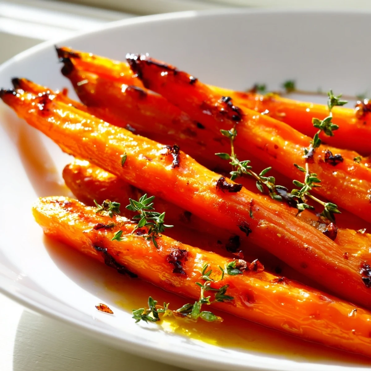 Golden roasted carrots with maple thyme glaze caramelized on a sheet pan