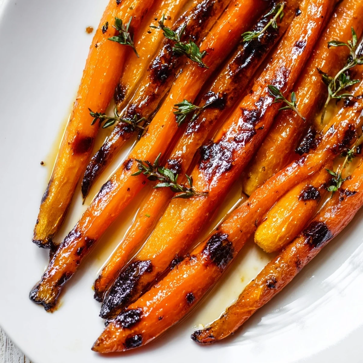 Tender roasted carrots glistening with sweet maple thyme glaze on white platter