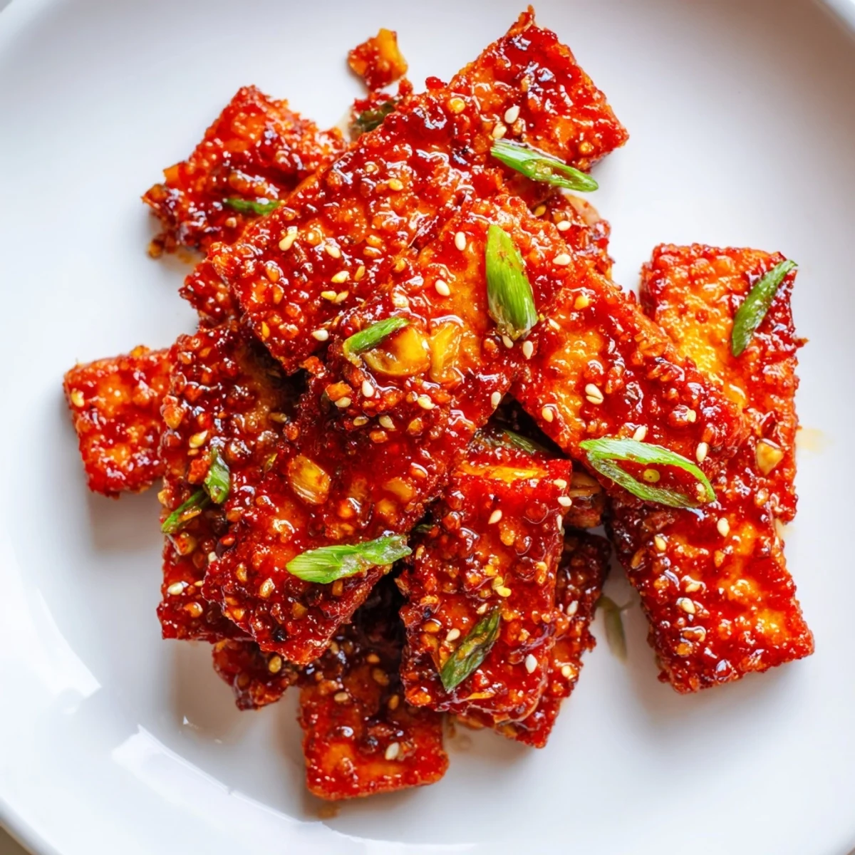 Crispy chili garlic tempeh bites glistening with spicy sticky sauce and sesame seeds