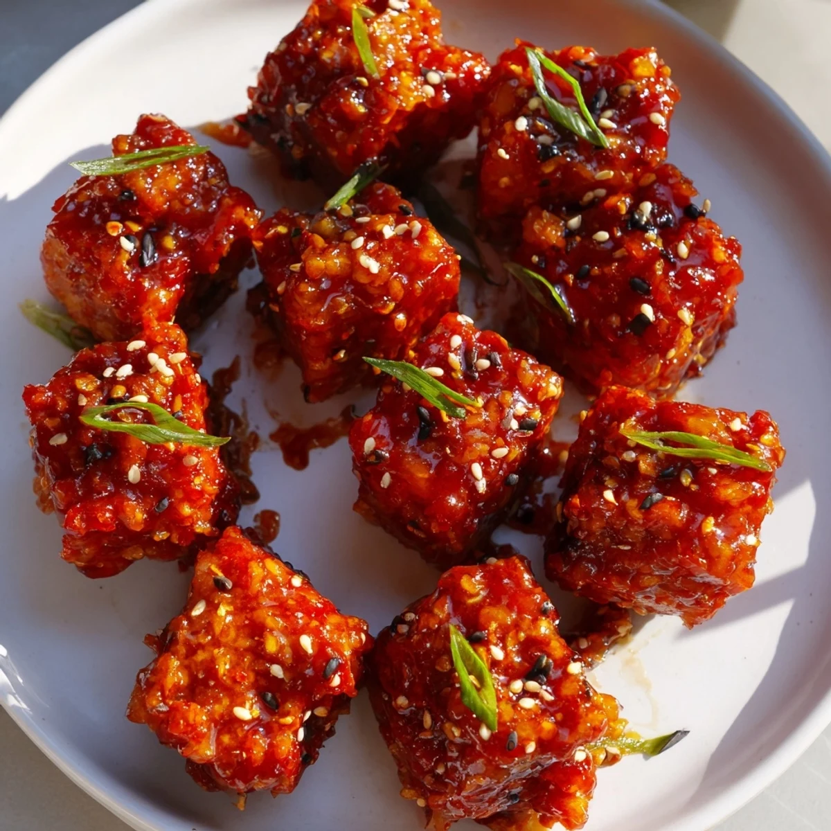 Golden fried tempeh cubes tossed in zesty chili garlic glaze with green onions